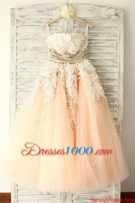 Peach A-line Strapless Sleeveless Organza Floor Length Zipper Lace and Appliques and Belt Prom Evening Gown