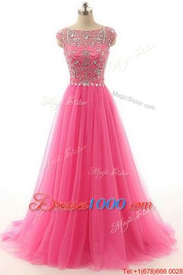 Fine Hot Pink A-line Lace Bateau Short Sleeves Beading Floor Length Zipper Prom Evening Gown