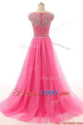 Fine Hot Pink A-line Lace Bateau Short Sleeves Beading Floor Length Zipper Prom Evening Gown