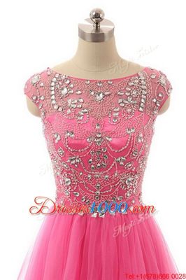 Fine Hot Pink A-line Lace Bateau Short Sleeves Beading Floor Length Zipper Prom Evening Gown