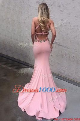 Custom Design Mermaid Scoop Pink Elastic Woven Satin Criss Cross Evening Dress Sleeveless With Brush Train Appliques