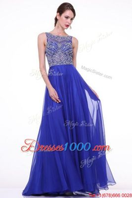 Popular Royal Blue Chiffon Zipper Prom Party Dress Sleeveless With Brush Train Beading and Ruching