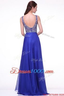 Popular Royal Blue Chiffon Zipper Prom Party Dress Sleeveless With Brush Train Beading and Ruching