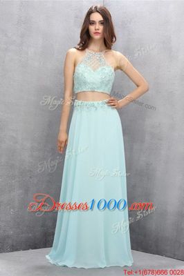 Light Blue Empire Tulle Halter Top Sleeveless Beading Zipper Prom Gown Sweep Train