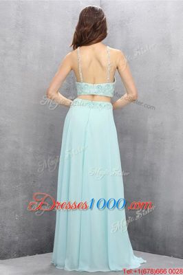 Light Blue Empire Tulle Halter Top Sleeveless Beading Zipper Prom Gown Sweep Train