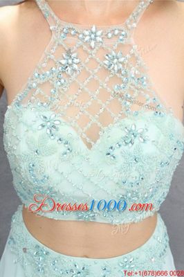 Light Blue Empire Tulle Halter Top Sleeveless Beading Zipper Prom Gown Sweep Train