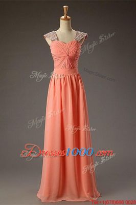 Organza Square Sleeveless Zipper Beading and Ruching Prom Dresses in Watermelon Red