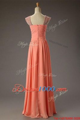 Organza Square Sleeveless Zipper Beading and Ruching Prom Dresses in Watermelon Red