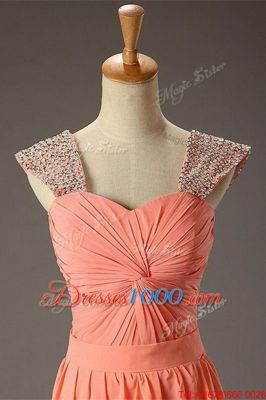 Organza Square Sleeveless Zipper Beading and Ruching Prom Dresses in Watermelon Red