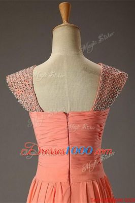 Organza Square Sleeveless Zipper Beading and Ruching Prom Dresses in Watermelon Red