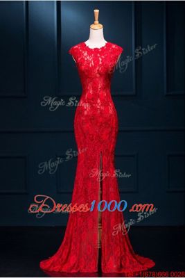 Mermaid Scoop Sleeveless Lace Floor Length Zipper Prom Gown in Red for with Lace