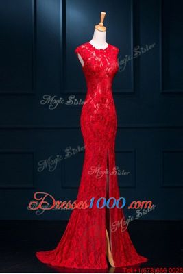 Mermaid Scoop Sleeveless Lace Floor Length Zipper Prom Gown in Red for with Lace