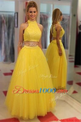 Sleeveless Floor Length Sequins Zipper Hoco Dress with Yellow