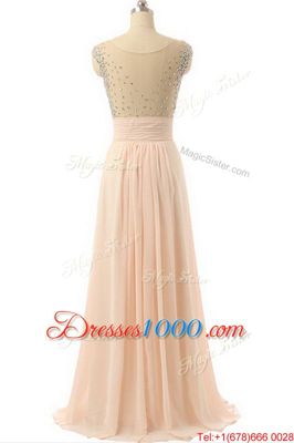 High Class Scoop Peach Sleeveless Beading and Sequins and Belt Side Zipper Evening Dress