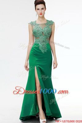 Dark Green A-line Square Sleeveless Satin Floor Length Sweep Train Zipper Beading and Appliques Prom Evening Gown