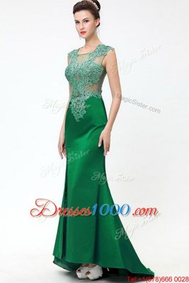 Dark Green A-line Square Sleeveless Satin Floor Length Sweep Train Zipper Beading and Appliques Prom Evening Gown