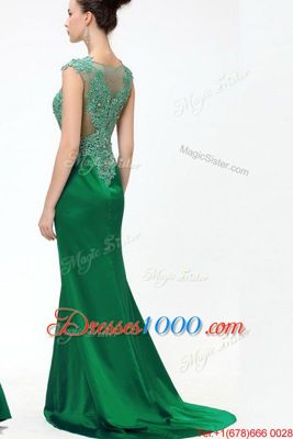 Dark Green A-line Square Sleeveless Satin Floor Length Sweep Train Zipper Beading and Appliques Prom Evening Gown