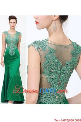 Dark Green A-line Square Sleeveless Satin Floor Length Sweep Train Zipper Beading and Appliques Prom Evening Gown