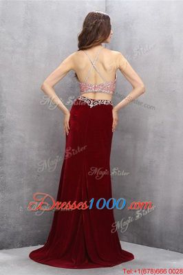 Scoop Sleeveless Brush Train Criss Cross Beading and Appliques Evening Dress