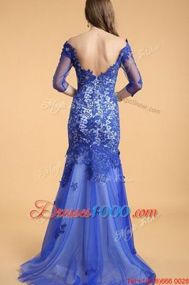 Cheap Mermaid Lace Royal Blue Off The Shoulder Neckline Beading Prom Dresses Sleeveless Zipper