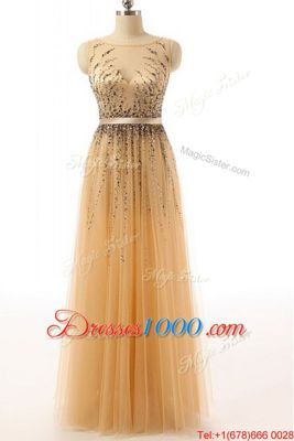 Sleeveless Floor Length Beading and Belt Side Zipper Evening Dress with Gold