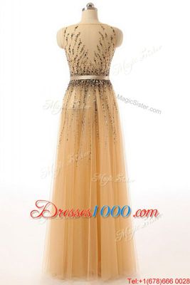 Sleeveless Floor Length Beading and Belt Side Zipper Evening Dress with Gold