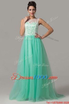 Turquoise Prom Gown Prom and Party and For with Lace Scoop Sleeveless Criss Cross