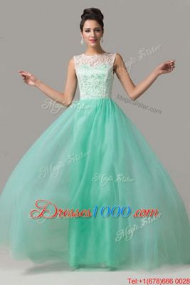 Turquoise Prom Gown Prom and Party and For with Lace Scoop Sleeveless Criss Cross