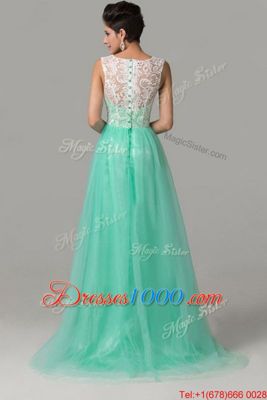 Turquoise Prom Gown Prom and Party and For with Lace Scoop Sleeveless Criss Cross