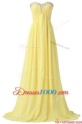 Stunning With Train Light Yellow Homecoming Dress Chiffon Brush Train Sleeveless Beading and Ruching