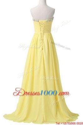 Stunning With Train Light Yellow Homecoming Dress Chiffon Brush Train Sleeveless Beading and Ruching