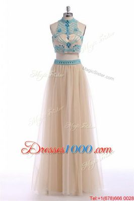 Artistic Champagne High-neck Neckline Beading and Appliques and Belt Dress for Prom Sleeveless Zipper