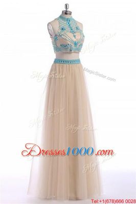 Artistic Champagne High-neck Neckline Beading and Appliques and Belt Dress for Prom Sleeveless Zipper