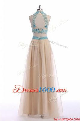 Artistic Champagne High-neck Neckline Beading and Appliques and Belt Dress for Prom Sleeveless Zipper