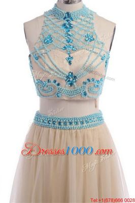 Artistic Champagne High-neck Neckline Beading and Appliques and Belt Dress for Prom Sleeveless Zipper