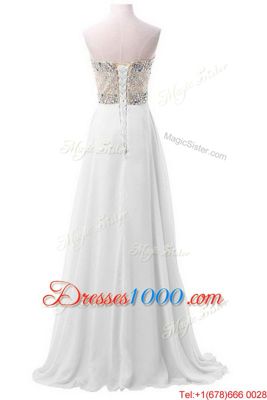 Custom Designed White Chiffon Lace Up Sweetheart Sleeveless Floor Length Beading