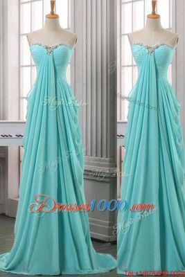 Best Selling Sleeveless With Train Ruching Zipper Homecoming Party Dress with Turquoise Brush Train