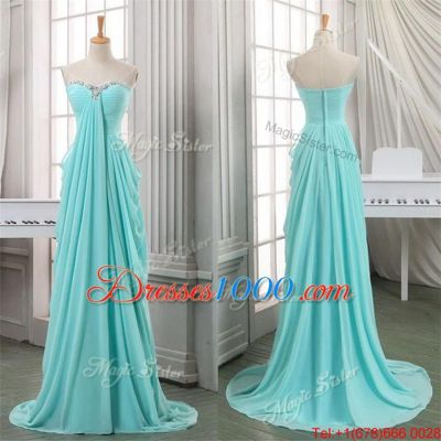 Best Selling Sleeveless With Train Ruching Zipper Homecoming Party Dress with Turquoise Brush Train