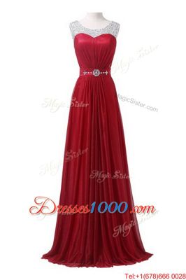 Stunning Wine Red Scoop Zipper Beading and Ruching Prom Evening Gown Brush Train Sleeveless