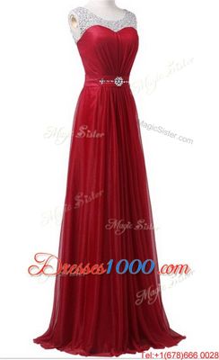 Stunning Wine Red Scoop Zipper Beading and Ruching Prom Evening Gown Brush Train Sleeveless