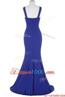 Customized Mermaid Halter Top Royal Blue Elastic Woven Satin Zipper Prom Gown Sleeveless With Brush Train Beading