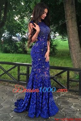 Charming Mermaid Scoop Royal Blue Backless Prom Dresses Beading and Lace Sleeveless With Brush Train