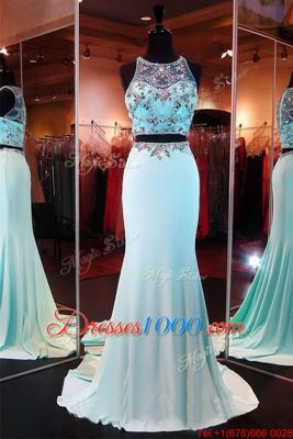 Dazzling Mermaid Scoop Sleeveless Prom Dresses With Brush Train Beading Aqua Blue Chiffon