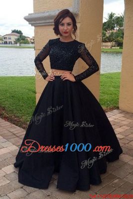 Gorgeous Scoop Long Sleeves Chiffon Floor Length Zipper Dress for Prom in Black for with Sequins