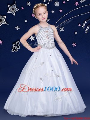 Halter Top White Sleeveless Floor Length Beading Zipper Flower Girl Dresses for Less