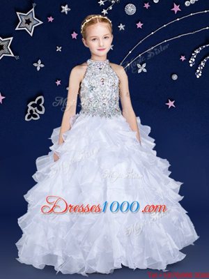 Elegant Organza Halter Top Sleeveless Zipper Beading and Ruffles Flower Girl Dresses in White