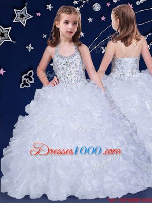 Noble Halter Top White Ball Gowns Beading and Ruffles Flower Girl Dress Lace Up Organza Sleeveless Floor Length