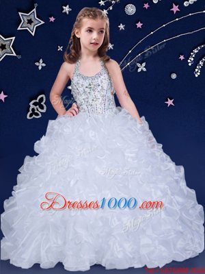 Noble Halter Top White Ball Gowns Beading and Ruffles Flower Girl Dress Lace Up Organza Sleeveless Floor Length