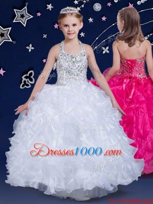 Halter Top White Lace Up Flower Girl Dresses Beading and Ruffles Sleeveless Floor Length