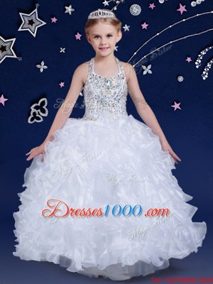 Halter Top White Lace Up Flower Girl Dresses Beading and Ruffles Sleeveless Floor Length